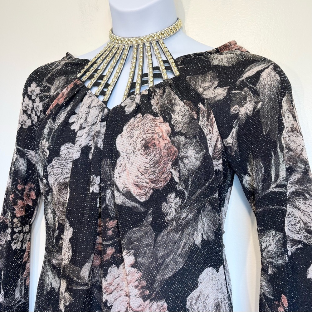 Venus Floral Metallic Caged Halter Top Bell Sleeves Black Gold Size Medium - Picture 3 of 15